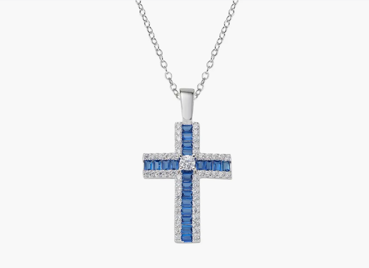 Immagine di Collana con Croce di Zirconi Blu Baguette e Bianchi Amen |  CLCRBABBBLZ