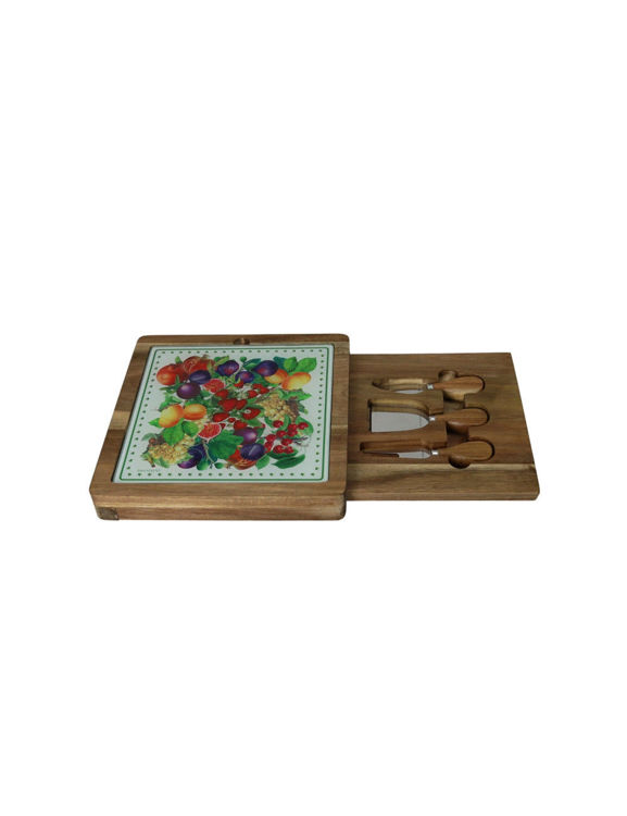 Immagine di Tagliere Formaggi Le Primizie Acacia/Vetro Decorato Con Cofanetto E 3 Coltelli Inox/Tpr Brandani | 52441