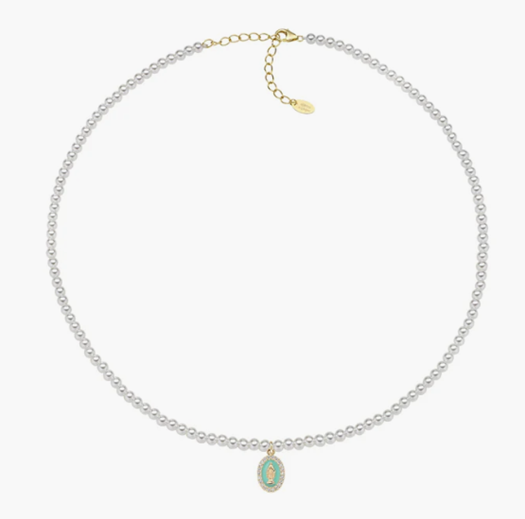 Immagine di Collana di Perle con Medaglia Miracolosa Dorata e Smalto Verde Mare Amen | CLPE30SWGTI