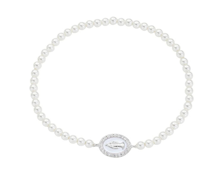 Immagine di Bracciale di Perle con Medaglia Miracolosa e Smalto Bianco Perla Amen | BRELPE30SWBBZ