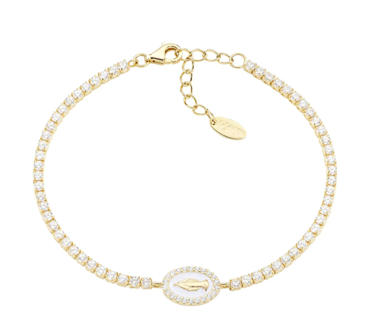 Immagine di Bracciale Tennis Dorato con Miracolosa e Smalto Bianco Perla Amen | BTMISMGBZ16