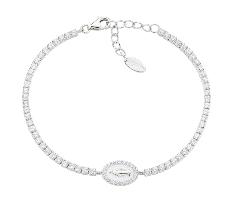 Immagine di Bracciale Tennis con Miracolosa e Smalto Bianco Perla Amen | BTMISMBBZ16